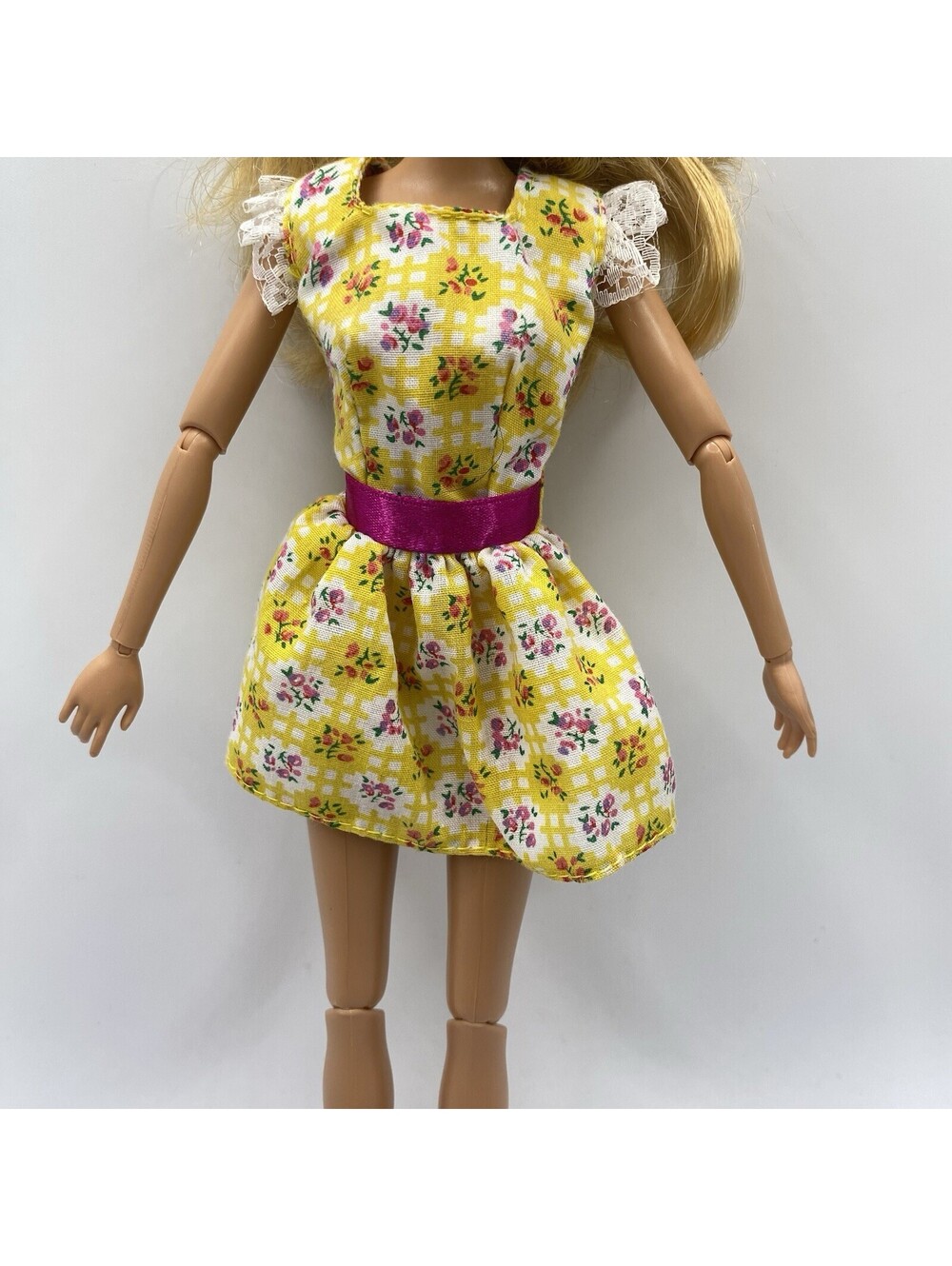 Barbie Doll Clothes Yellow Gingham Floral Dress Pink Ribbon Lace Sleeves B19